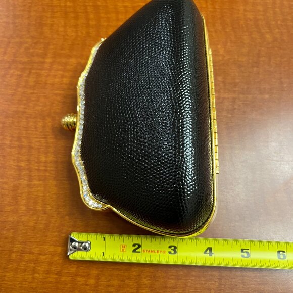 VTG BLACK LEATHER AND RHINESTONE EVENING BAG - RETRACTABLE HANDLE AND LONG CHAIN - Picture 12 of 13